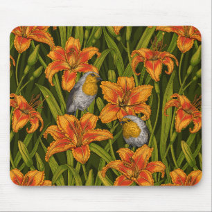 Mousepad Robins e flores, cor de laranja e verde escuro