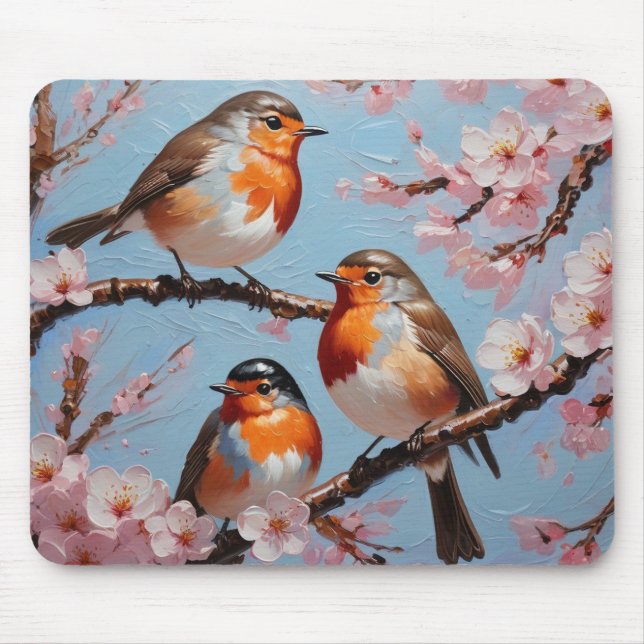 Mousepad Robins e flores de cereja (Frente)