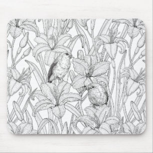 Mousepad Robins e flores, preto e branco