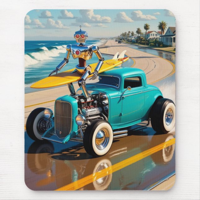 Mousepad robô vintage com surfboard , na praia (Frente)