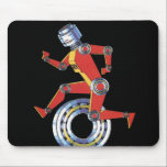 Mousepad Robô Vintage Science Fiction Running with Wheel<br><div class="desc">Vintage ilution science fiction business design com um robot feliz, sorridente, feito com peças de máquinas. A mulher futurista ou o homem tem um sorriso e está correndo com uma engrenagem, uma engrenagem ou uma roda na esteira transportadora. Uma cara saudável de ficção científica ou corrida legal para a saúde,...</div>
