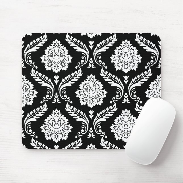 Mousepad Rococó Damask Grande Padrão Branco no Preto (Com mouse)
