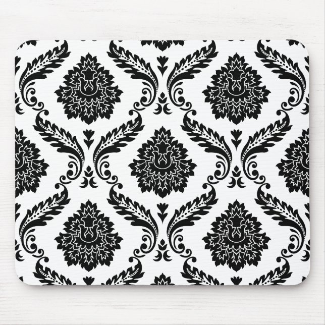 Mousepad Rococo Damask Grande Padrão Preto no Branco (Frente)