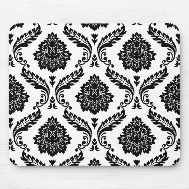 Mousepad Rococo Damask Grande Padrão Preto no Branco (Frente)
