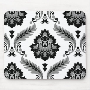 Mousepad Rococo Damask Padrão Grande Cinza Preto Branco