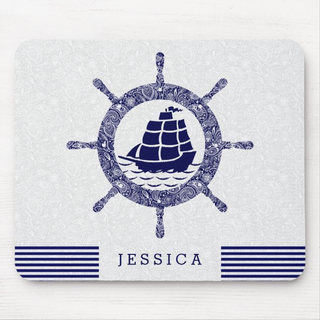 Mousepad Roda Náutica marinho Azul E Branca (Frente)