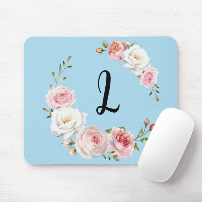 Mousepad Rodas brancas cor-de-rosa-chic Script inicial Azul (Com mouse)