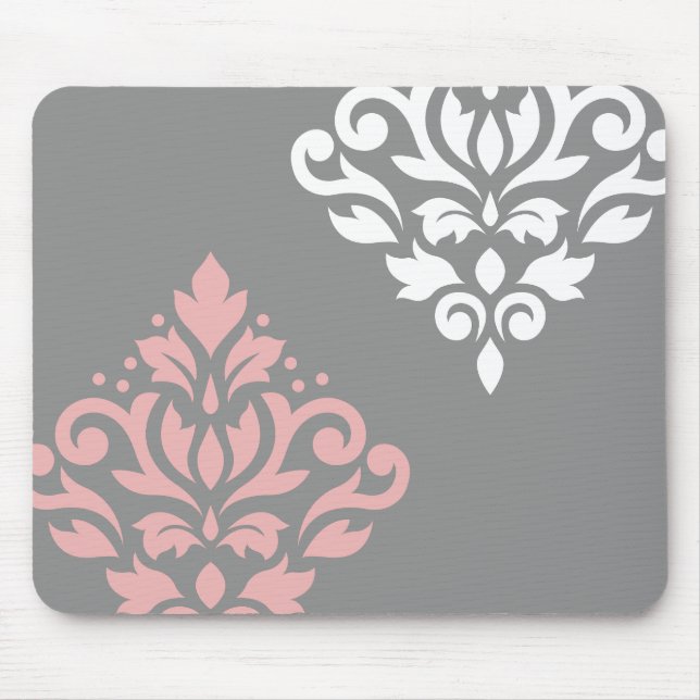 Mousepad Rolar Damask Art I Pink White Cinza (Frente)