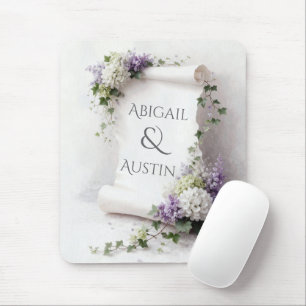Mousepad Rolo Branco de Casamento com Hortênsias e Lilases