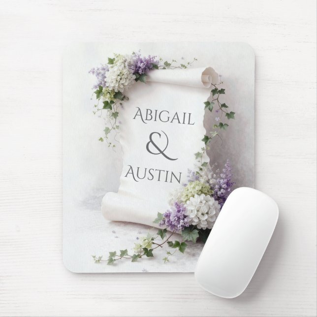 Mousepad Rolo Branco de Casamento com Hortênsias e Lilases (Com mouse)