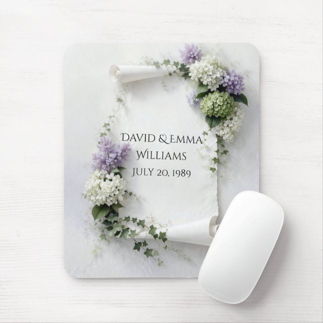 Mousepad Rolo de Casamento com Buquê de Lilases e Hortênsia (Com mouse)