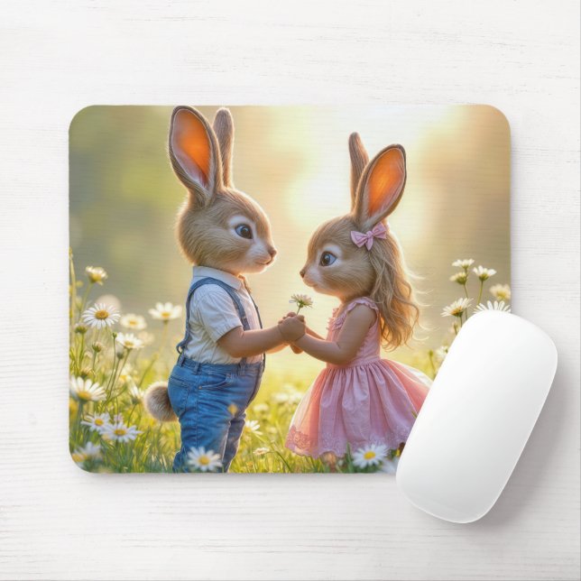 Mousepad Romance de Coelho em um Campo de Margaridas (Com mouse)