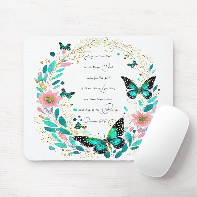 Mousepad Romanos 8:28 Flores e borboletas (Com mouse)