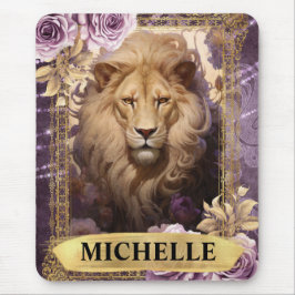 Mousepad Romântica Leão e Rosas Roxos Fantasia