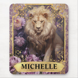 Mousepad Romântica Leão e Rosas Roxos Fantasia