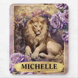 Mousepad Romântica Leão e Rosas Roxos Fantasia