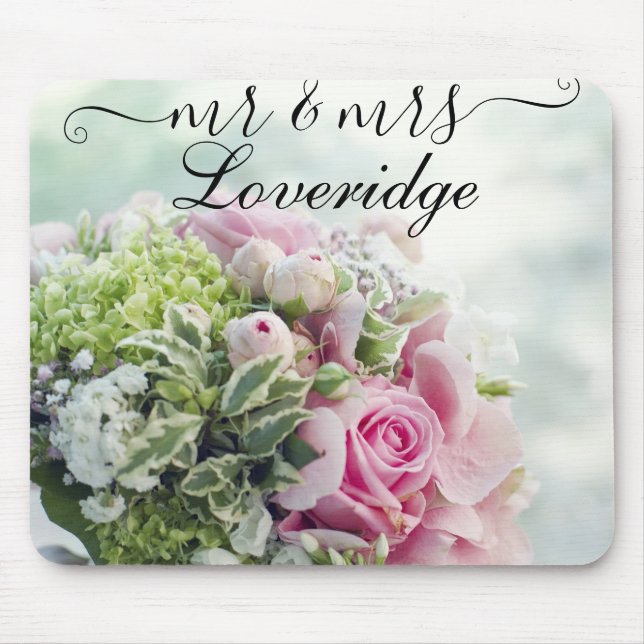 Mousepad Romântico Sr. Casamento Floral da Sra. Rosa Rosa R (Frente)
