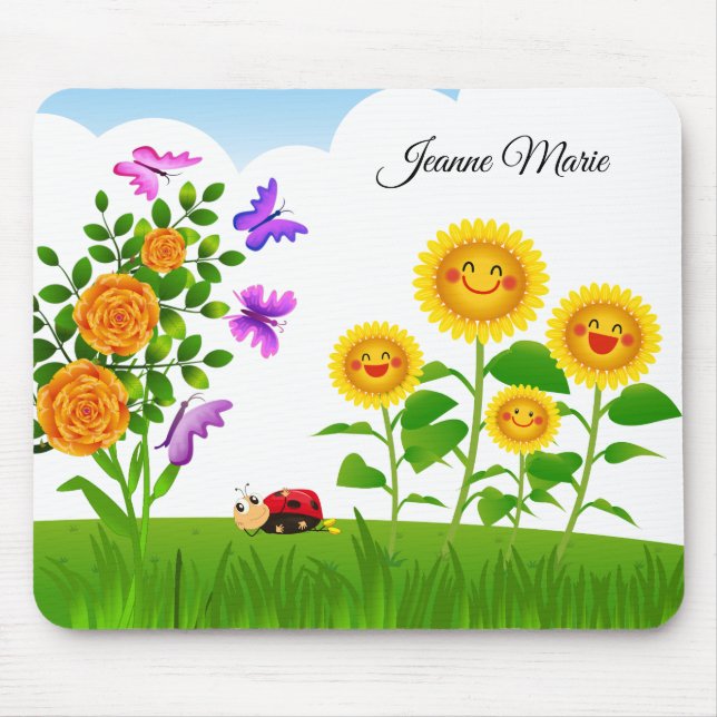 Mousepad Rosa Amarelo Girassol Vermelho Ladybug Borboleta R (Frente)