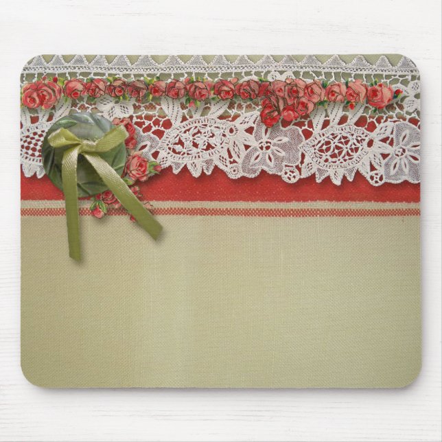 Mousepad Rosa Antiga Renda Rustic Redo Victoriado Sackcloth (Frente)