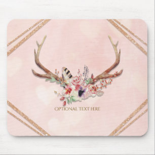 Mousepad Rosa Bege Floral Veado Chifre Boho Chic Glamour
