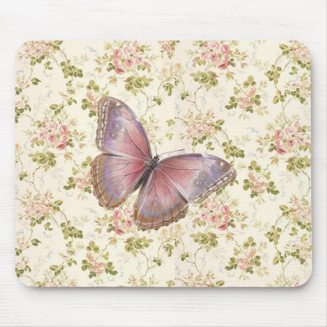 Mousepad Rosa Borboleta Floral Shabby Chic (Frente)