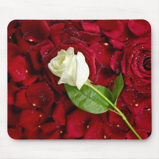 Mousepad Rosa branco nas pétalas vermelhas (Frente)