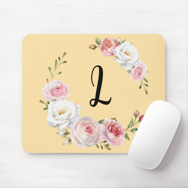 Mousepad Rosa-Chic Rosas Brancas Beige do Script Inicial (Com mouse)