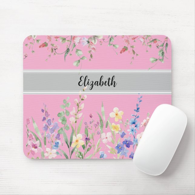 Mousepad Rosa claro de Script do Monograma Floral Garden (Com mouse)