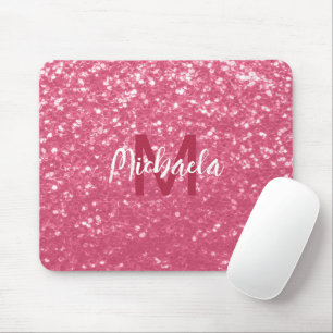 Mousepad Rosa claro monograma de rosa com brilho falso