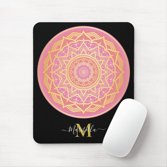 Mousepad Rosa Claro, Rosa e Dourado Boho Mandala (Com mouse)