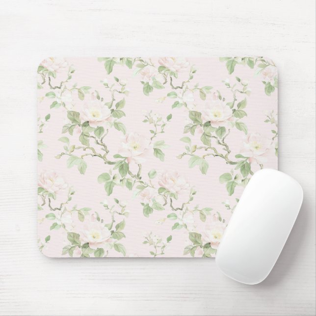 Mousepad Rosa Cor-de-Rosa Branco Floral Romântico (Com mouse)
