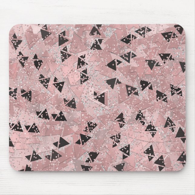 Mousepad Rosa Corada em Ouro e Padrão de Triângulos Pretos (Frente)