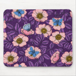 Mousepad Rosa de cão e borboletas em rosa e roxo