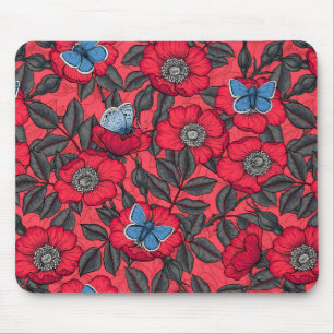 Mousepad Rosa de cão e borboletas em vermelho e azul