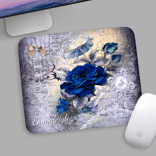 Mousepad Rosa de Ephemera Monograma, Azul, Vitoriano Escuro
