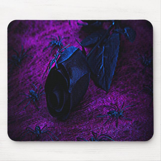 Mousepad Rosa de Material Negro Spooky, Aranhas Negras (Frente)