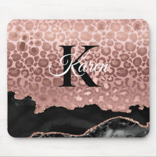 Mousepad Rosa de Monograma, Leopardo Dourado e mármore neg