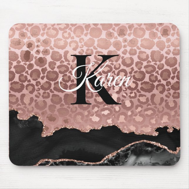 Mousepad Rosa de Monograma, Leopardo Dourado e mármore negr (Frente)