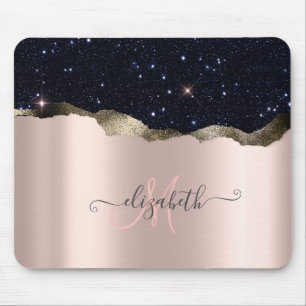 Mousepad Rosa Dourada Monograma Moderno com Brilho Preto