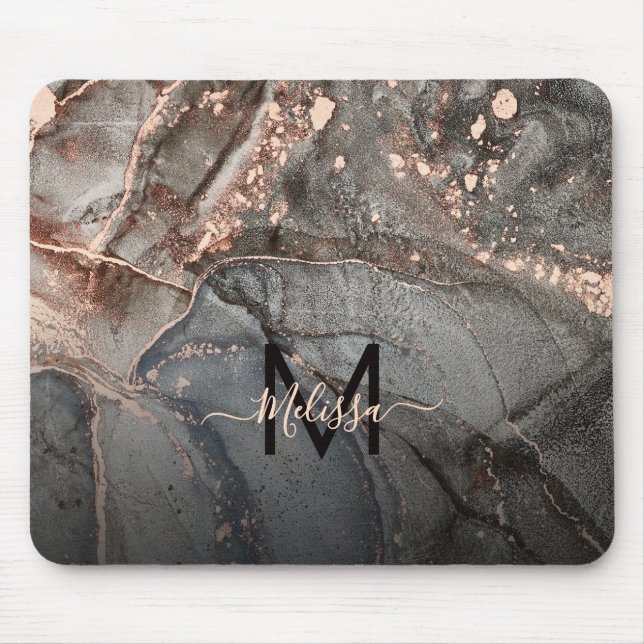 Mousepad Rosa Dourado Cinza Mármore Monograma  (Frente)