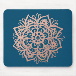 Mousepad Rosa Dourado Flor Mandala no Azul Escuro