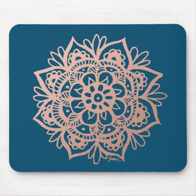 Mousepad Rosa Dourado Flor Mandala no Azul Escuro (Frente)
