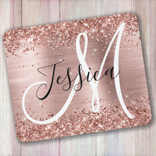 Mousepad Rosa dourado Folha de ouro, preto e branco Monogra