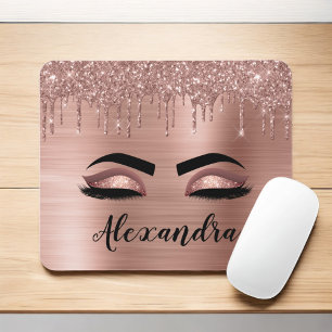 Mousepad Rosa Dourado Glitter Sparkle Eyelashes Monograma