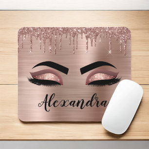 Mousepad Rosa Dourado Glitter Sparkle Eyelashes Monograma