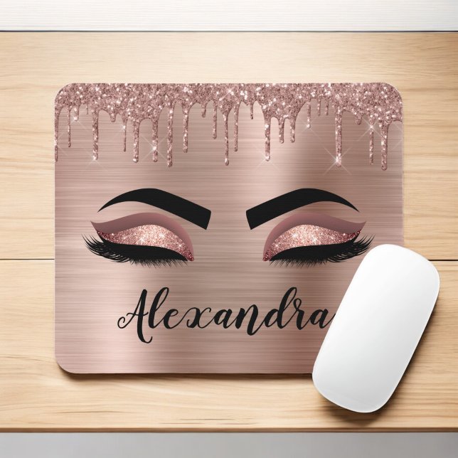 Mousepad Rosa Dourado Glitter Sparkle Eyelashes Monograma (Criador carregado)