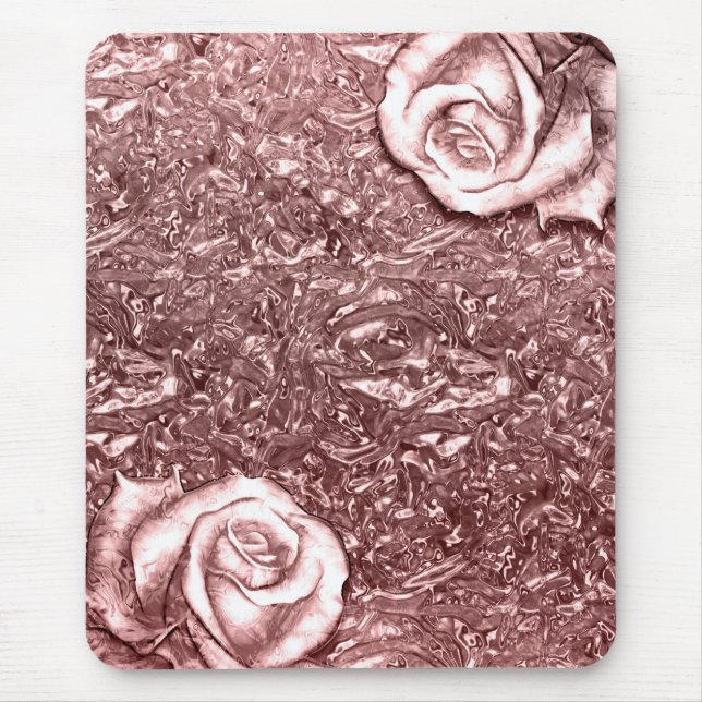 Mousepad Rosa Dourado Líquido Cromo Metálico Glamour Floral (Frente)