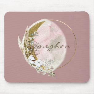 Mousepad Rosa Dourado Lua Monograma Nome Escrita à Mão Mous