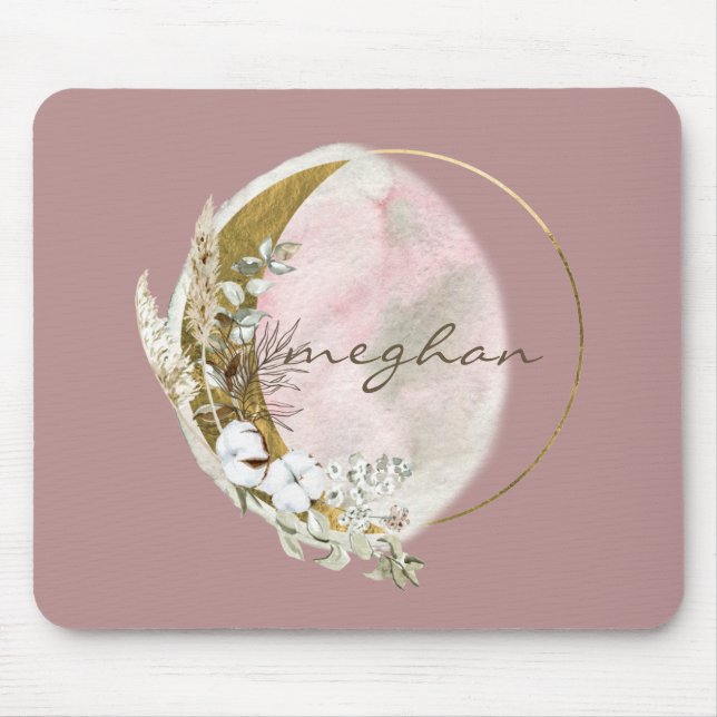 Mousepad Rosa Dourado Lua Monograma Nome Escrita à Mão Mous (Frente)