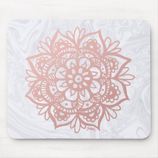 Mousepad Rosa Dourado Mandala no Bloco de Mouse Branco (Frente)
